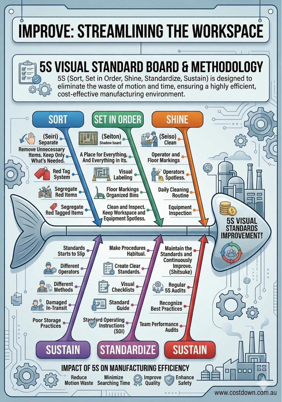 5S Visual Standard Board — Sort, Set in Order, Shine, Standardise, Sustain
