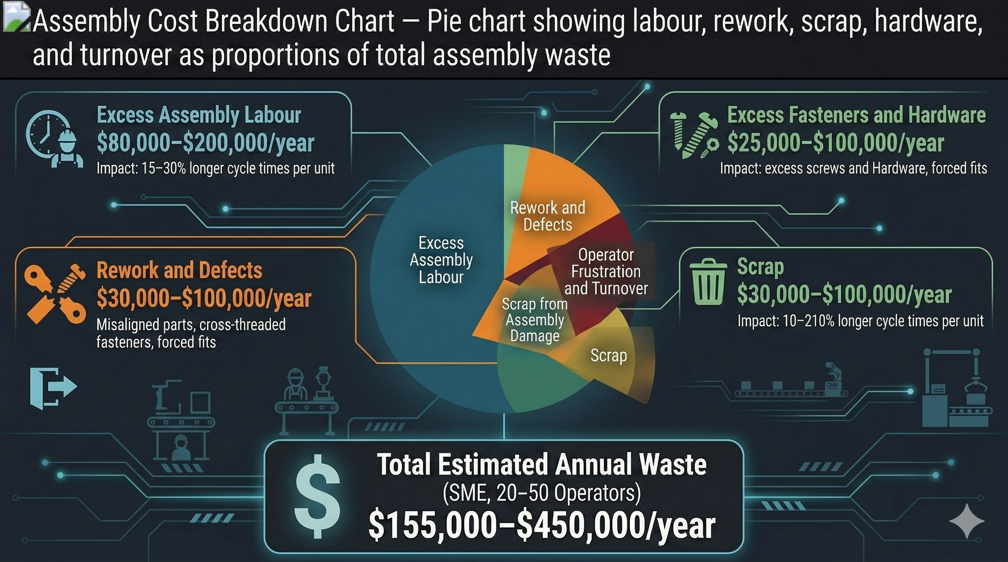 Assembly Cost Breakdown Chart — Pie chart showing labour, rework, scrap, hardware, and turnover as proportions of total assembly waste