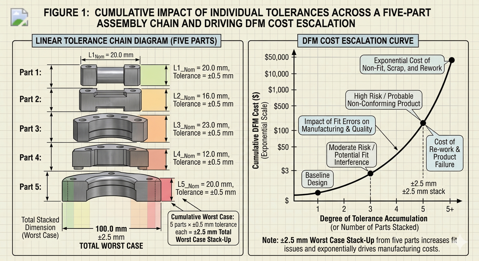 Diagram: Linear tolerance chain showing five parts stacking up from ±0.5 mm each to ±2.5 mm total worst case