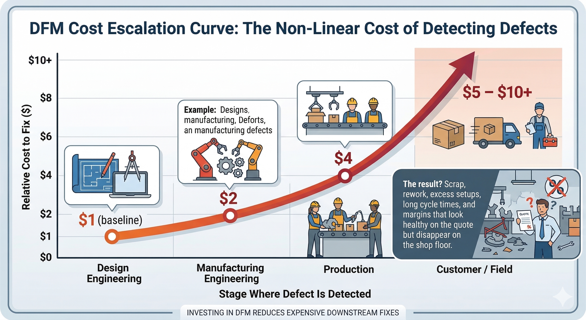 DFM Cost Escalation Curve — Cost of change increases exponentially as the product moves from design to production to customer