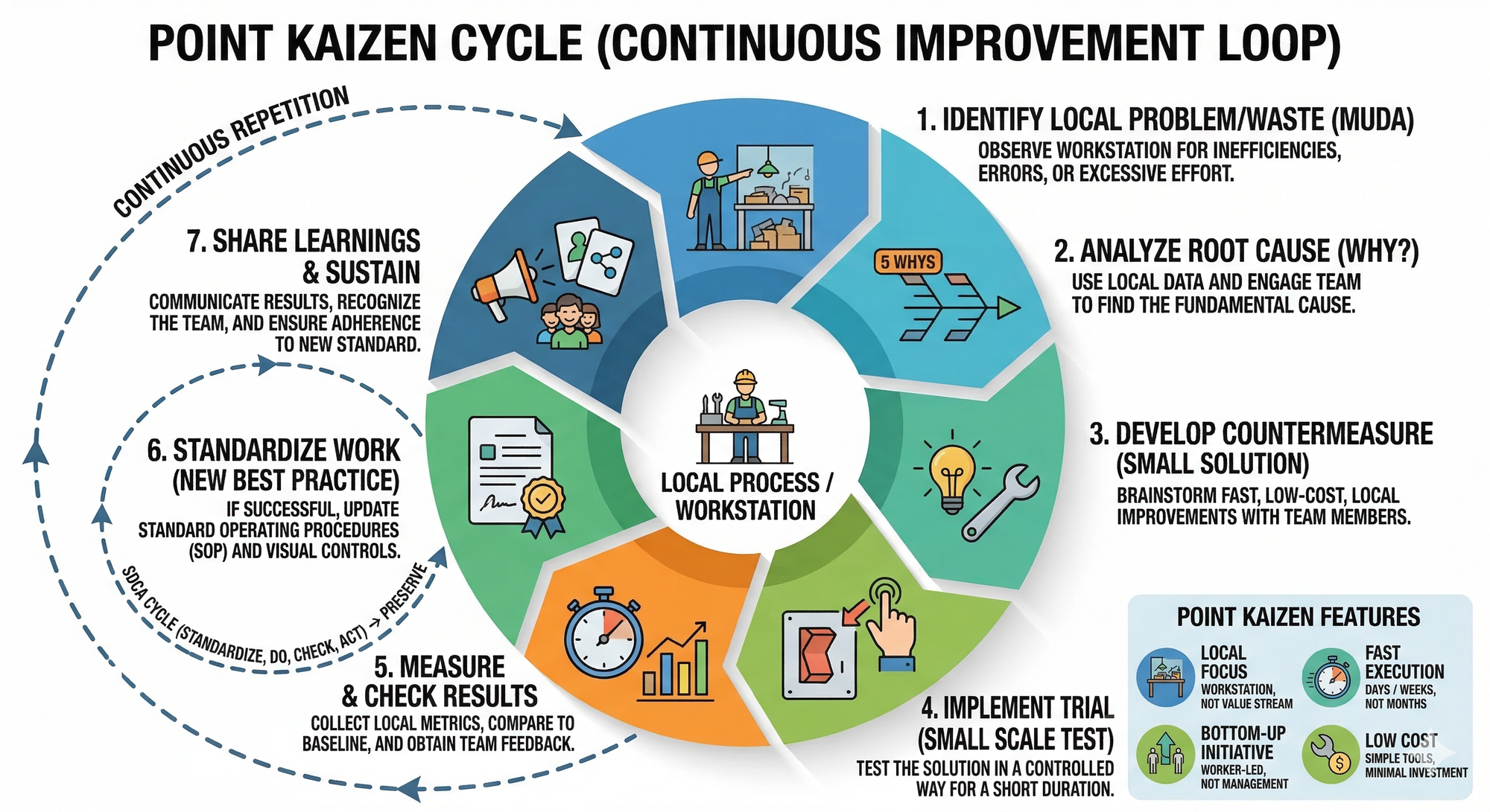 Diagram: Point Kaizen improvement cycle on a production line
