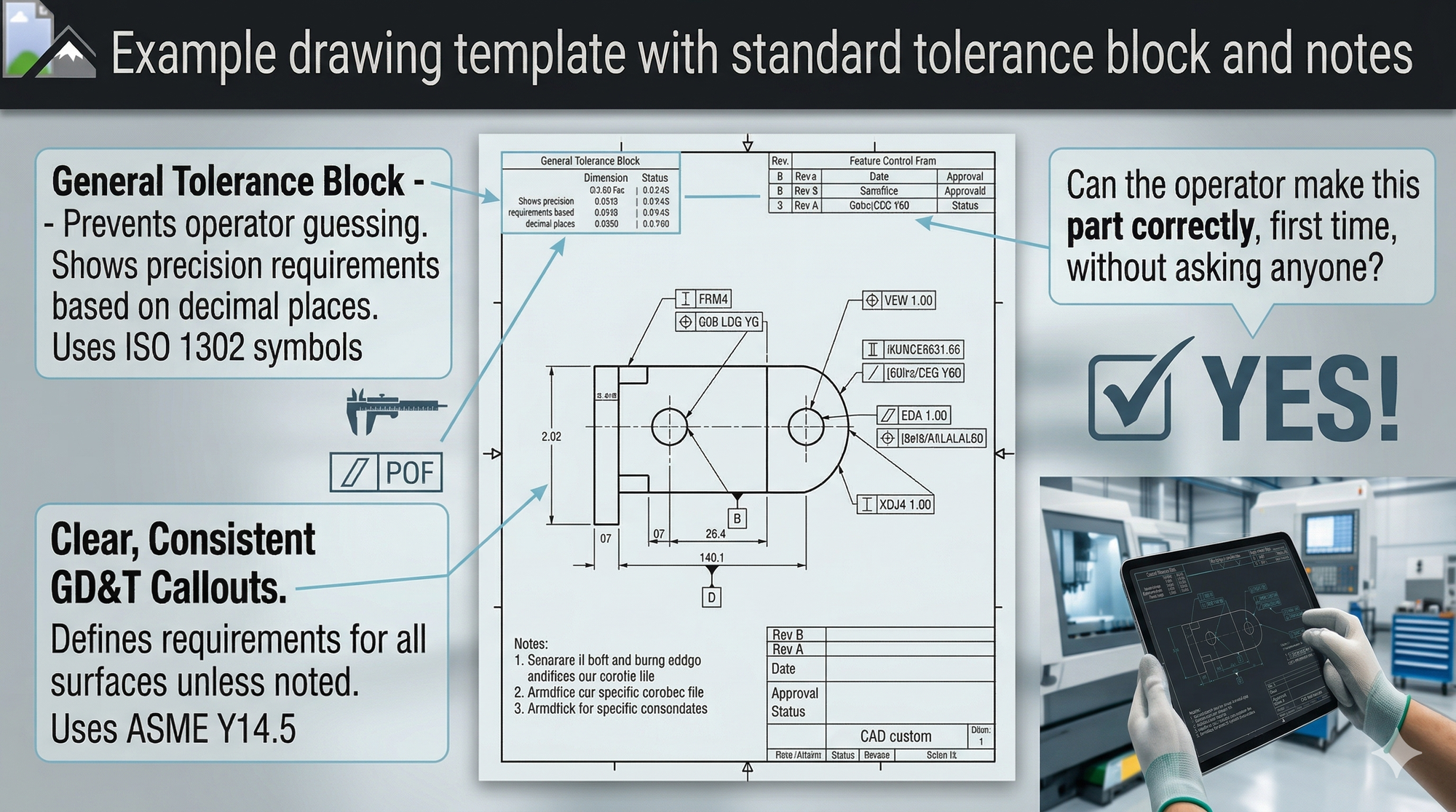 Example drawing template with standard tolerance block and notes
