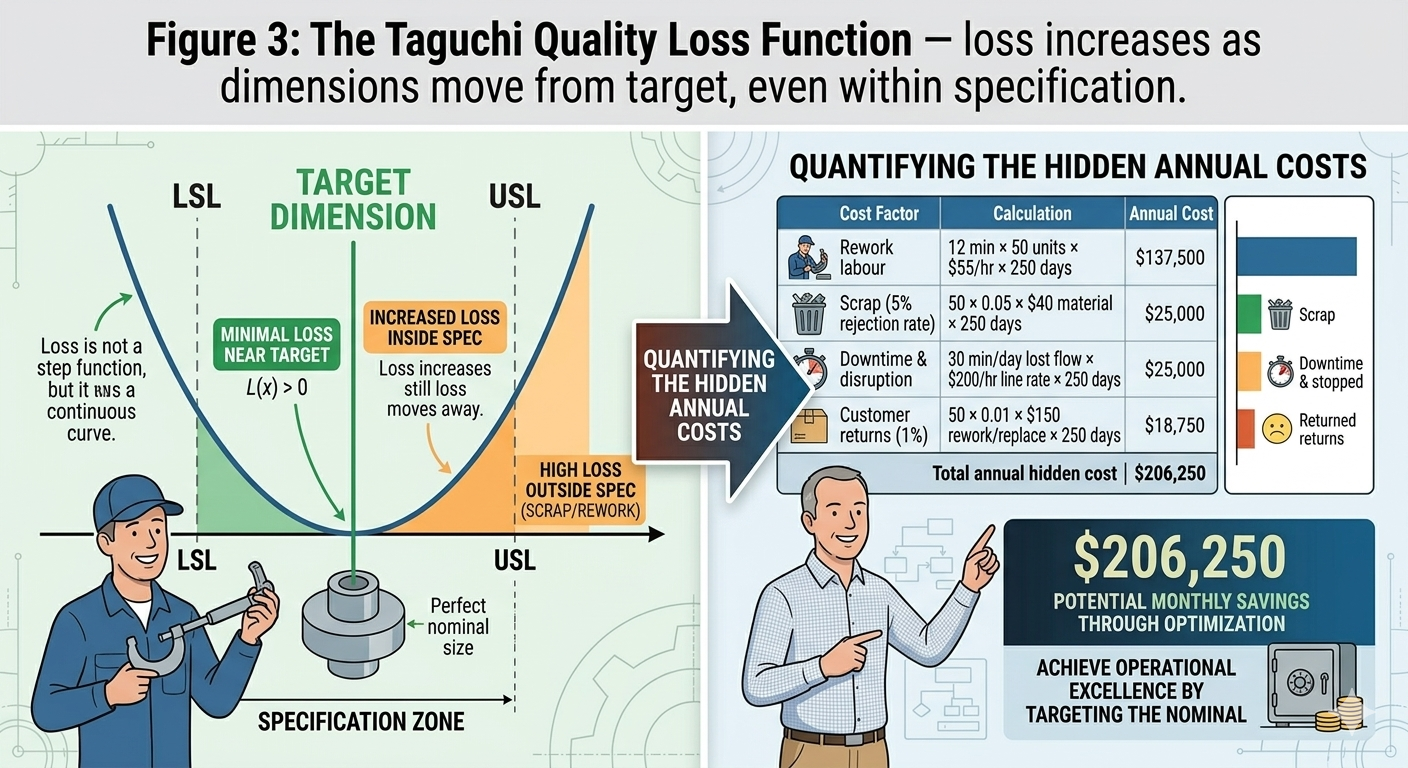 Chart: Taguchi Quality Loss Function curve showing loss increasing as dimensions move from target