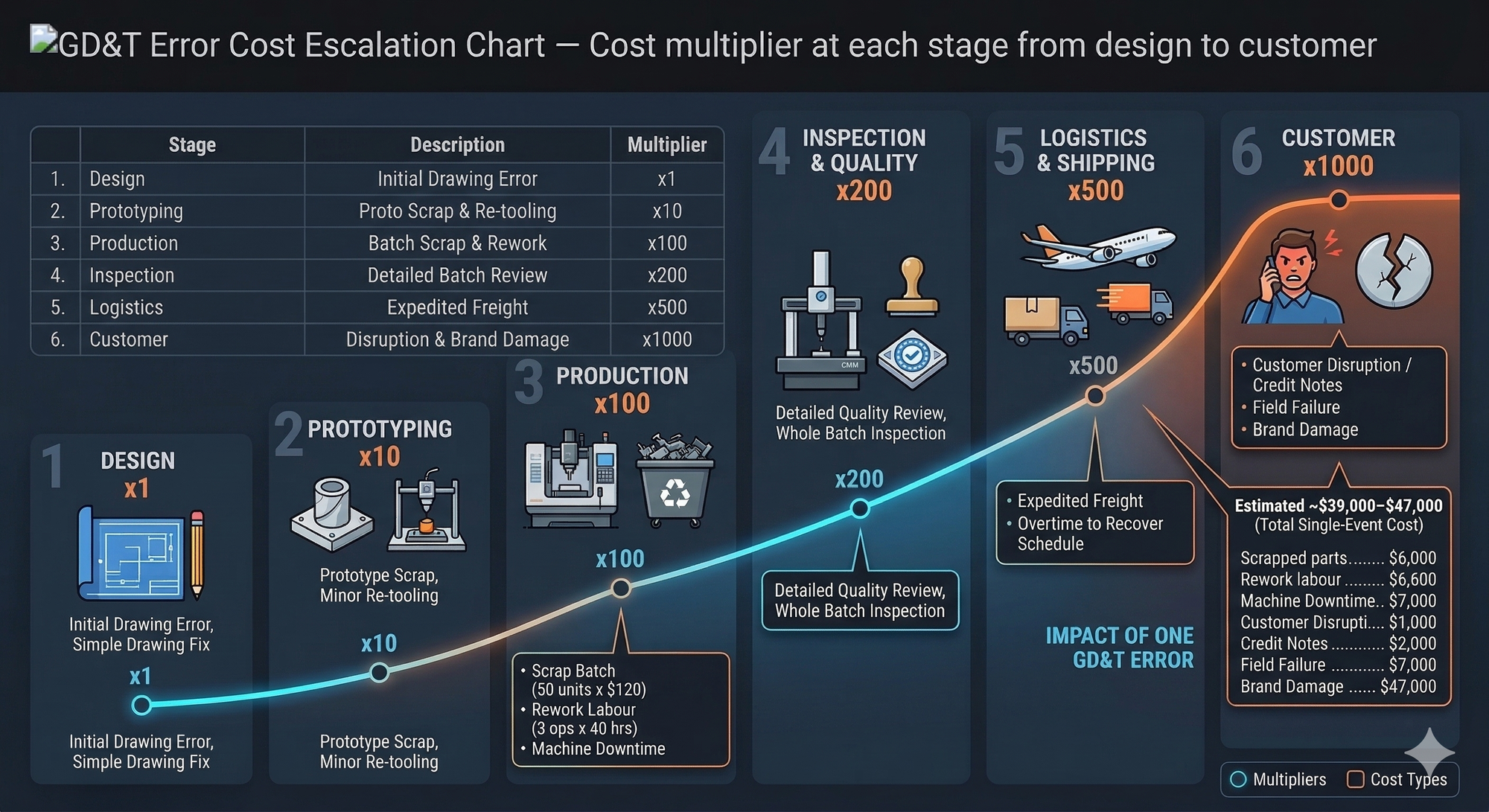 GD&T Error Cost Escalation Chart — Cost multiplier at each stage from design to customer