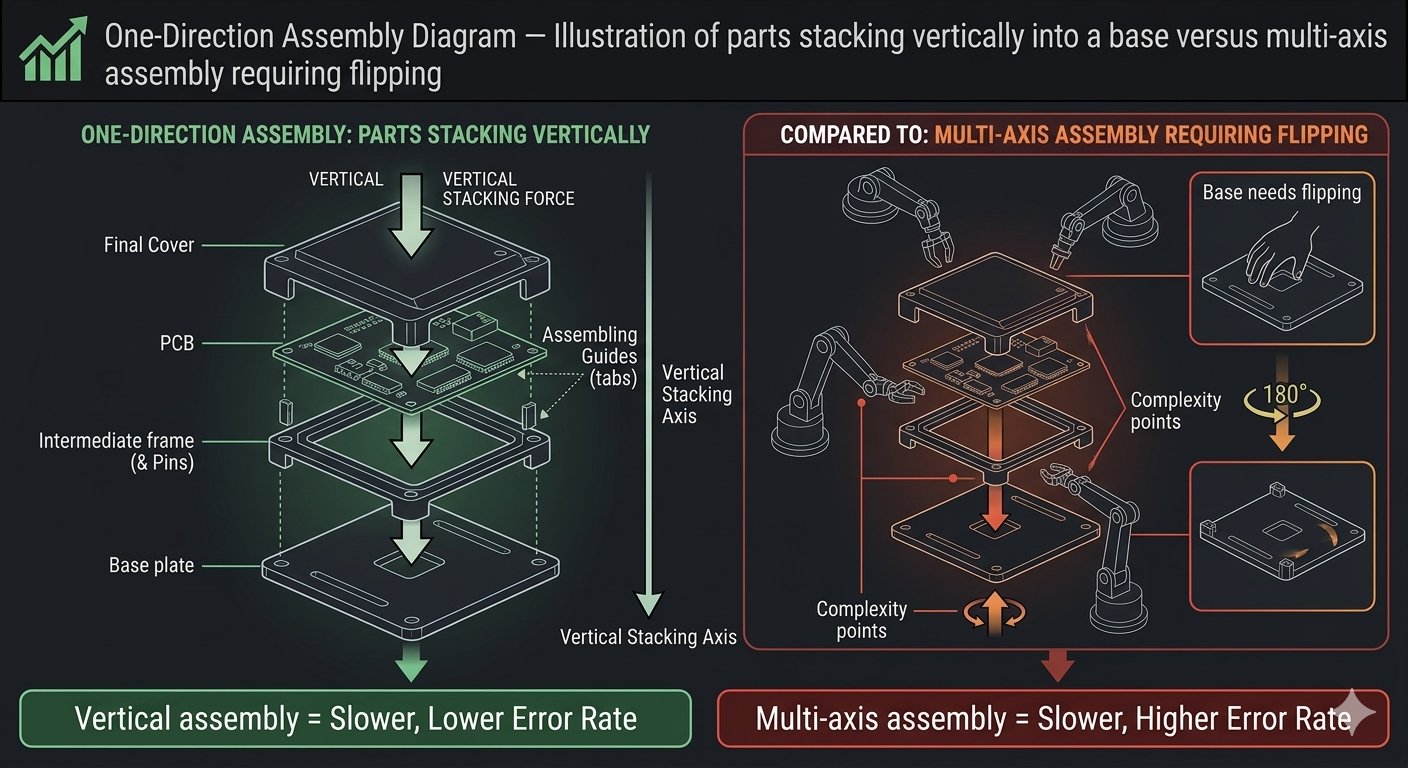 One-Direction Assembly Diagram — Illustration of parts stacking vertically into a base versus multi-axis assembly requiring flipping