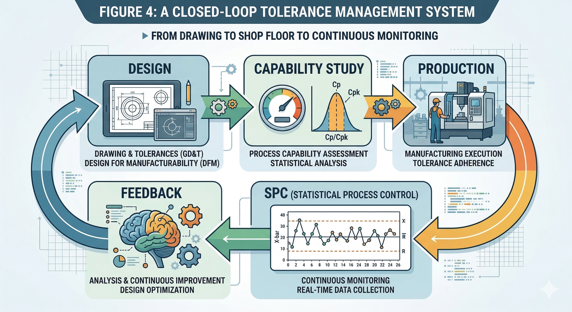 Diagram: Closed-loop tolerance management workflow from Design → Capability Study → Production → SPC → Feedback