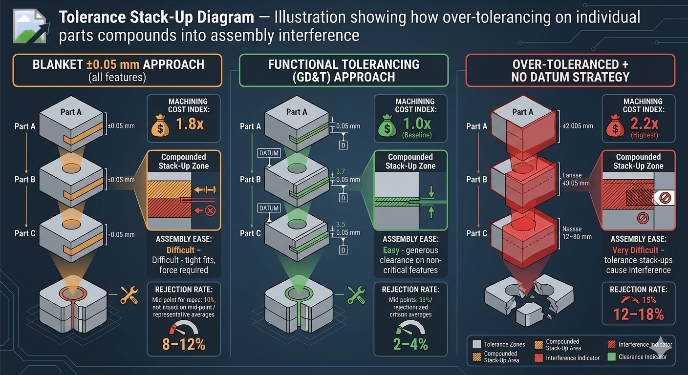 Tolerance Stack-Up Diagram — Illustration showing how over-tolerancing on individual parts compounds into assembly interference